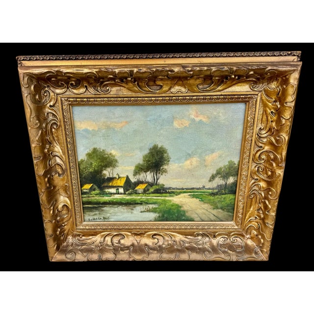 Traditional Antique European Pastoral Landscape Oil on Canvas, Signed by Artist For Sale - Image 3 of 10