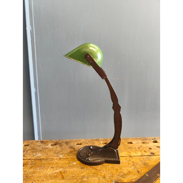 Bank Lamp with Cast Iron Base and Enameled Metal Shade, 1920s, in Good conditions. Designed 1920 to 1949 Up to 250V...