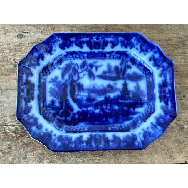 Blue Vintage Boho Blue Willow Octagon Ceramic Platter For Sale - Image 8 of 12