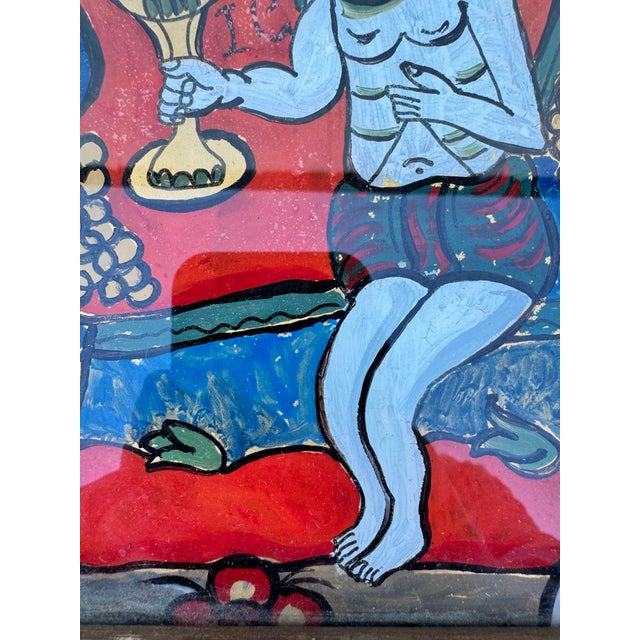 Vintage Folk Art Reverse Glass Painting of Christ With Chalice in Rustic Wood Frame For Sale In San Francisco - Image 6 of 8