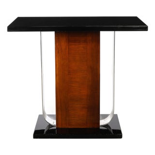 Art Deco Machine Age Console Table in Walnut, Lacquer & Banded Nickeled Supports For Sale