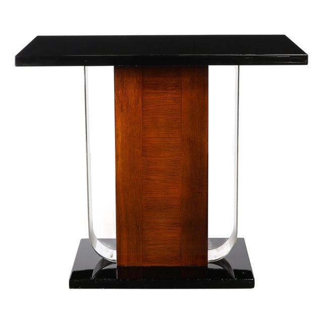 Art Deco Machine Age Console Table in Walnut, Lacquer & Banded Nickeled Supports For Sale