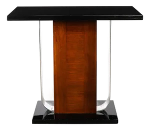 Art Deco Machine Age Console Table in Walnut, Lacquer & Banded Nickeled Supports