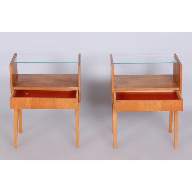 Mid-Century Modern Bedside Tables in Oak and Glass, 1950s, Set of 2 For Sale - Image 6 of 11