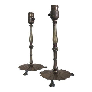 Solid Bronze Lily Pad Base Table Lamps - A Pair For Sale