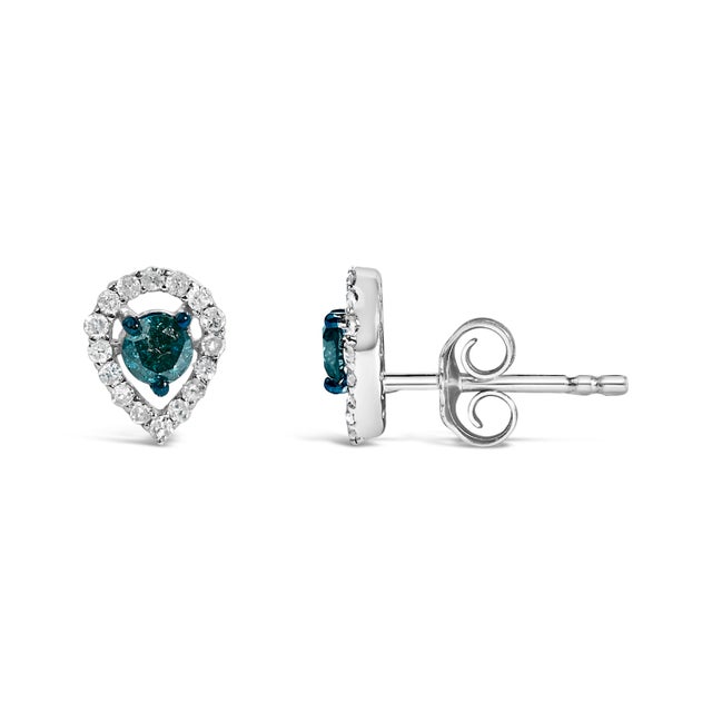 Haus of Brilliance Sterling Silver 1/2 Cttw Blue and White Diamond Pear Shape Halo Stud Earrings For Sale - Image 4 of 4