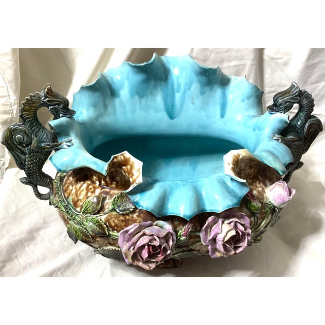French Antique French Barbotine Majolica Rose Basket Centerpiece Planter For Sale - Image 3 of 12