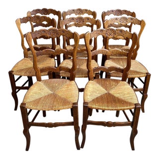 Set 8 Antique French Country Dining Chairs Carved Oak Rush Seat Ladder Back For Sale