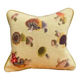 Vintage Needlepoint Pillow With Mushroom Toadstool Motif For Sale