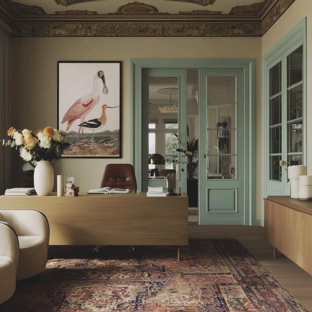 This striking antique print showcases the elegant Roseate Spoonbill in soft blush tones, accompanied by a Ruddy Plover and...