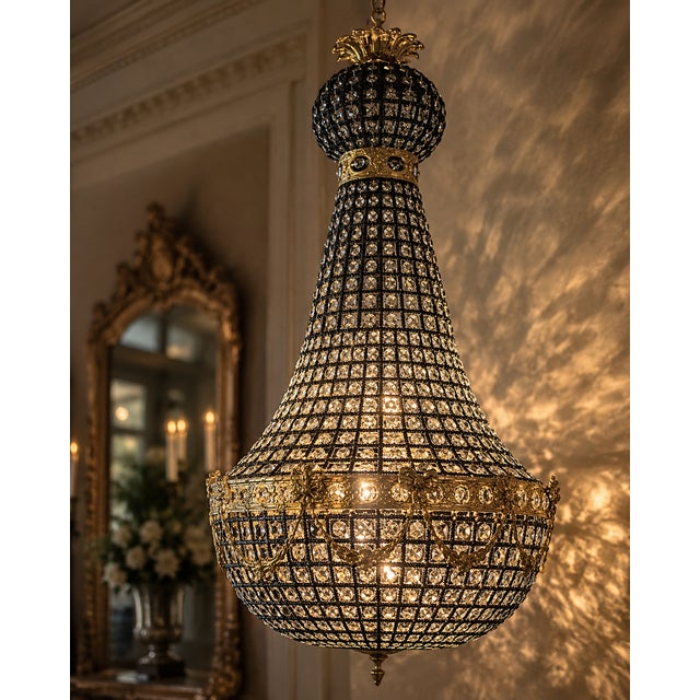 Late 20thC French Louis XVI Black Gold Chandelier For Sale - Image 6 of 8
