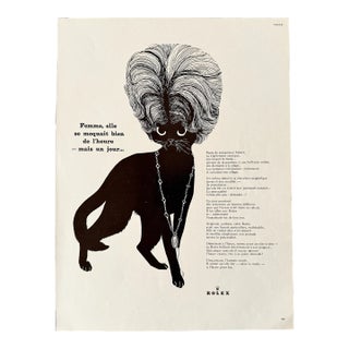 1961 Authentic Vintage Rolex Watch Advertisement Black Cat Print From French Vogue For Sale