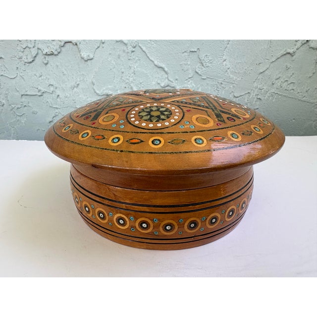 Vintage Hutsul Style Turned Wood Lidded Box With Mother-of-Pearl Inlay – Ukrainian Folk Art Inspired Jewelry Box For Sale In Orlando - Image 6 of 10