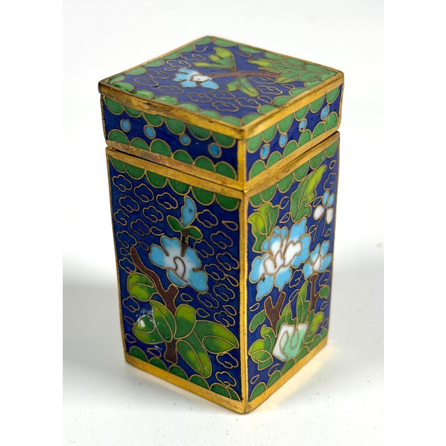 Blue Vintage Chinese Cloisonné Small Canister Jar Set - 8 Canisters W/ Original Box For Sale - Image 8 of 17