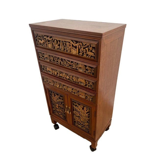 Chinese 1970s Mid Century Chinese Cabinet, Silverware Storage, Three Drawer's Hand Carved For Sale - Image 3 of 17