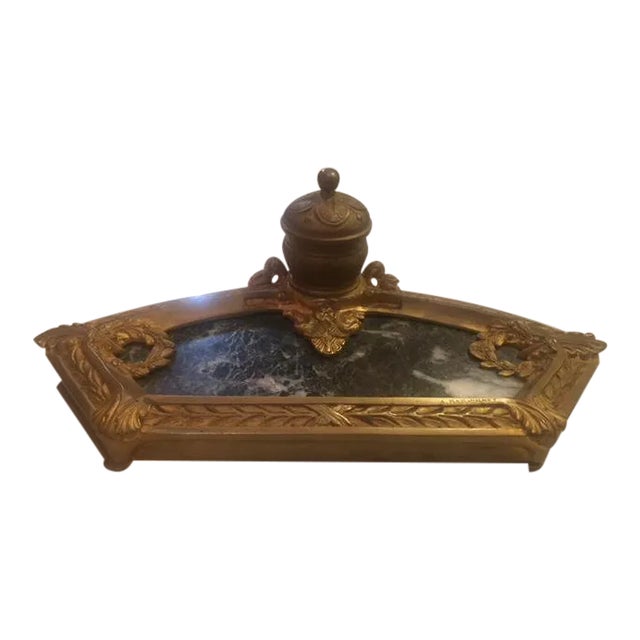 1900s French Bronze and Marble Inkwell For Sale