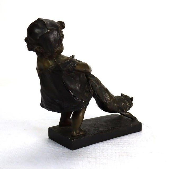 Antique Juan Clara 1st Edition Bronze Figure “Toddler With Cat” Signed C1900 For Sale - Image 4 of 10