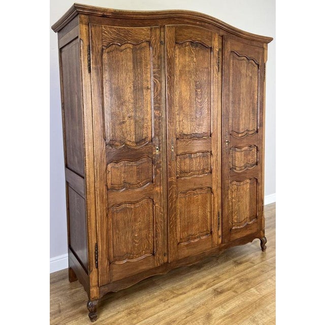 Vintage French Louis XVI Style Carved Oak 3-Door Wardrobe For Sale - Image 3 of 16