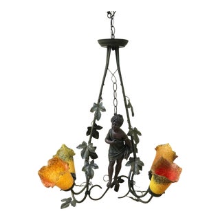 Late 20th Century Cherub Tole Chandelier With Murano Style Glass Shades For Sale