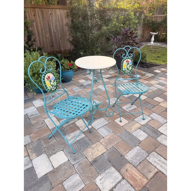 Vintage Turquoise Iron Garden Bistro Set With Floral Mosaic Folding Chairs For Sale - Image 12 of 12