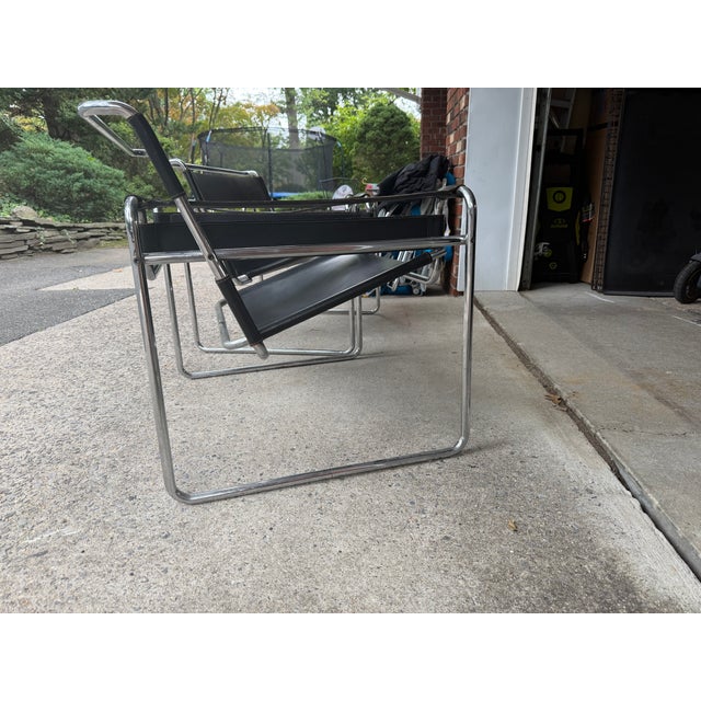 Marcel Breuer Pair of Vintage Italian Black Leather & Chrome Wassily-Style Lounge Chairs For Sale - Image 4 of 8