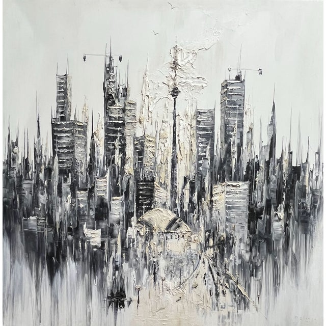 Black and white abstract image of the Toronto skyline. The SkyDome and CN Tower are in the center with the towers of...