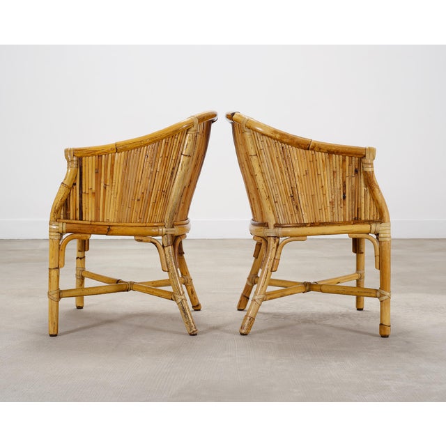 Set of Four McGuire Barrel Back Rattan Bamboo Dining Armchairs For Sale - Image 13 of 18