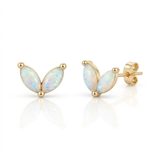 Dainty Opal Leaf Earrings | Natural Gemstone Studs | Minimalist October Birthstone Studs - A Pair For Sale - Image 4 of 4
