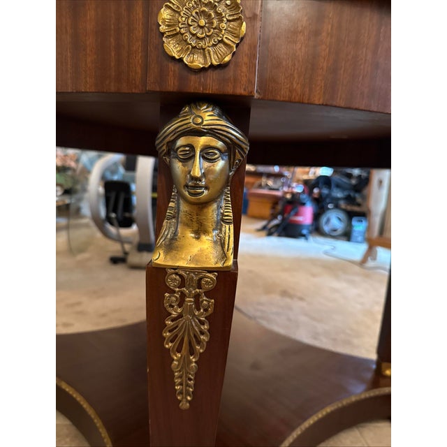 1970s “Neoclassical Empire Style Mahogany Round Center Table With Gilt Bronze Figural Mounts” For Sale - Image 5 of 5