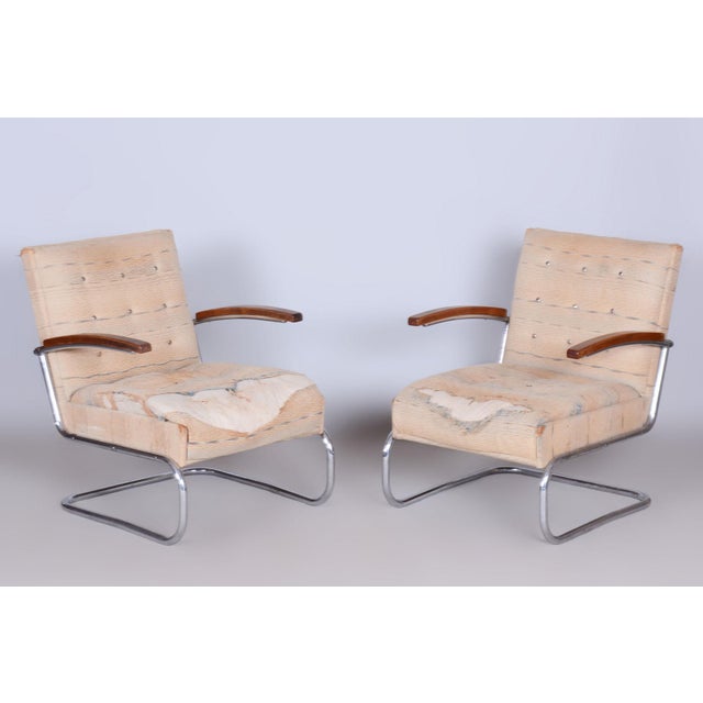 Czech Bauhaus Armchairs and Stool in Beech and Chrome in Steel, 1920s, Set of 3 For Sale - Image 12 of 12