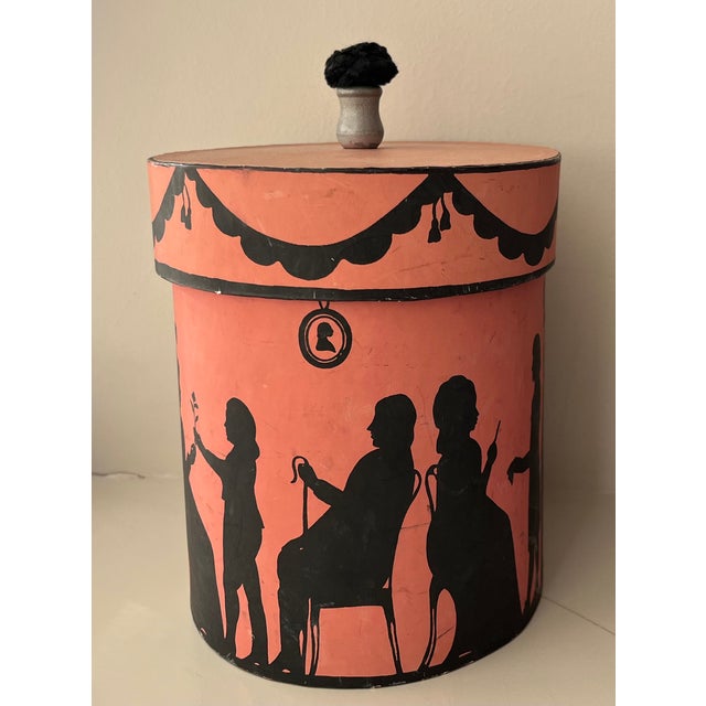 Vintage Oval Wallpaper Box by Atelier of Hudson, New York With Black Regency Silhouettes on a Pink Ground For Sale - Image 9 of 18