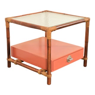 John Wisner for Ficks Reed Mid-Century Hollywood Regency Bamboo Rattan Glass Top Side Table, 1950s For Sale