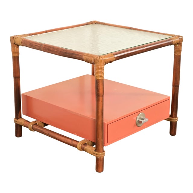 John Wisner for Ficks Reed Mid-Century Hollywood Regency Bamboo Rattan Glass Top Side Table, 1950s For Sale