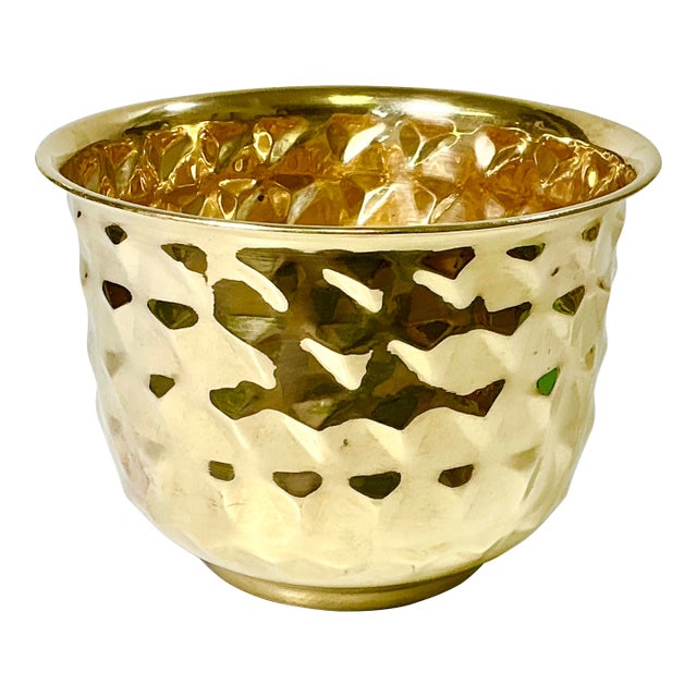 Mid-Century Boho Chic Hollywood Regency Arts & Crafts Medium Textured Round Brass Planter For Sale
