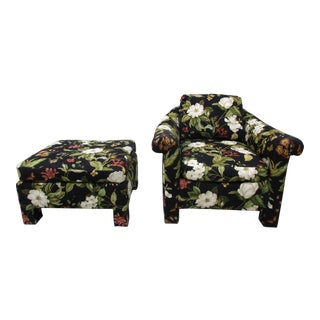 Late 20th Century Baker Furniture Upholstered Chair and Footstool For Sale