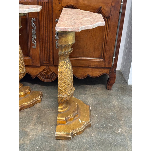 Pair of Carved Giltwood Pineapple Consoles With Marble Tops For Sale - Image 12 of 16