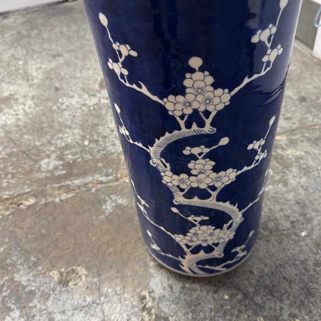 Chinoiserie Style Blue + White Ceramic Umbrella Stand, Vintage For Sale - Image 12 of 12
