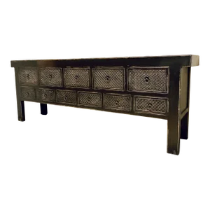 Organic Modern Carved Black Wood Rustic Console Table