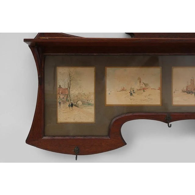 Art Nouveau Wall-Mounted Coat Rack with Framed Watercolors from Cassier, Belgium, 1905 For Sale - Image 10 of 15