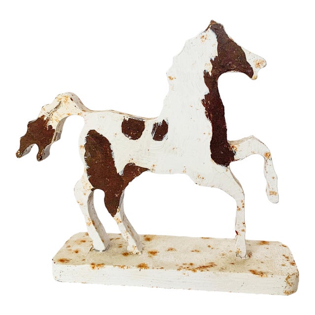 Vintage Folk Art Cast Iron Pinto Horse Door Stopper Object For Sale
