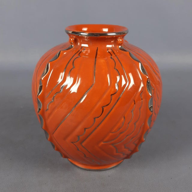 Futurist Art Deco Style Orange and Silver Ceramic Vase by Gualdo Tadino for Robbia, 1960s For Sale - Image 11 of 11