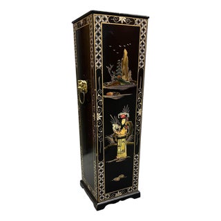Vintage Chinoiserie Black Lacquer and Soap Stone Maiden Umbrella Stand For Sale