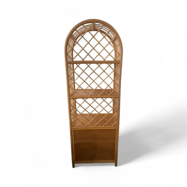 Vintage Rattan Arch Top Étagère/Display Cabinet With Drawer and Storage For Sale - Image 4 of 5