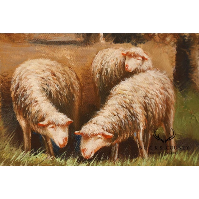 Continental Style Pair of Pastoral Landscape Paintings With Sheep For Sale - Image 9 of 18