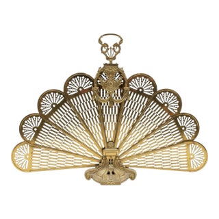 Vintage Folding Brass Peacock Fan Fireplace Screen For Sale