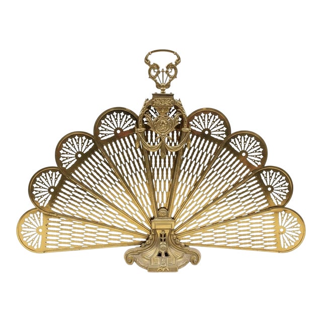 Vintage Folding Brass Peacock Fan Fireplace Screen For Sale