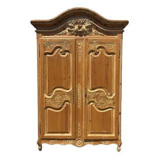 Rustic Scrubbed Pine Hand Carved French Country Armoire For Sale