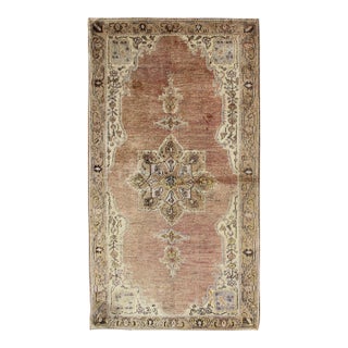 Mid 20th Century Medallion Design Oushak Vintage Rug From Turkey in Mauve Brown and Cream For Sale