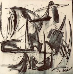 Abstract “410” Original Charcoal Drawing on Wood by Erik Sulander 48x48