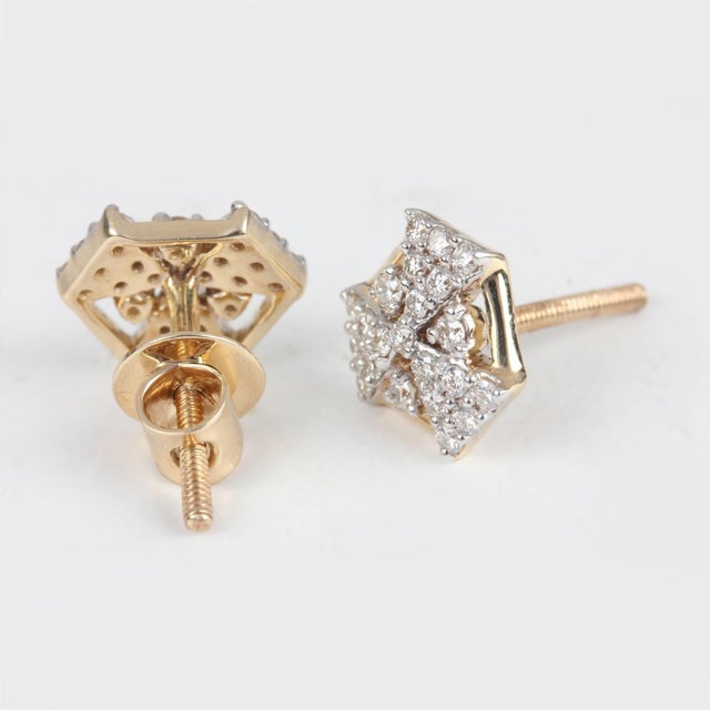 Art Deco 14k Yellow Gold Studs Triangle Shaped Natural Pave Diamond Earrings, A Pair For Sale - Image 3 of 6